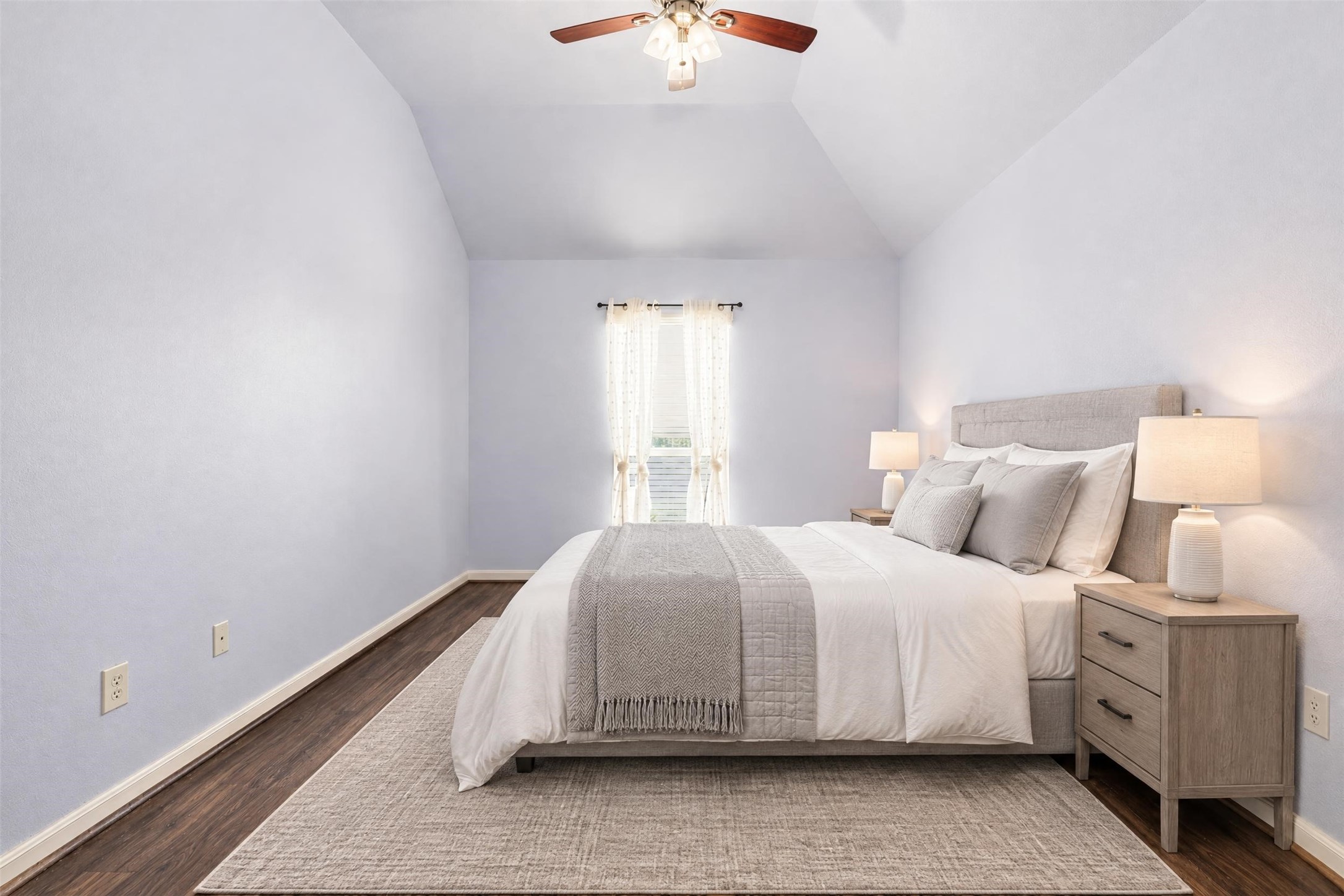Virtually staged. A long layout gives room for a bed plus a desk or reading corner.