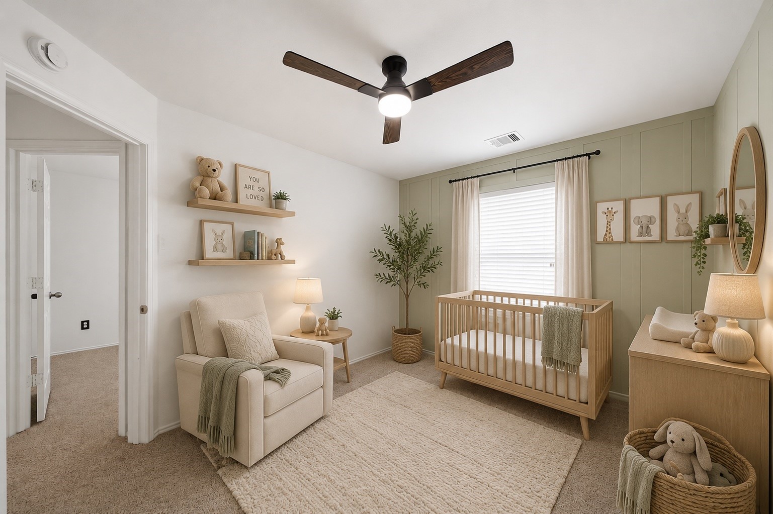 Soft neutral carpet flooring and a dark-blade ceiling fan complement the board-and-batten accent wall in this light-filled secondary bedroom. A wide window provides natural illumination, making the versatile layout comfortable for guests or personal use. This photo has been virtually staged.