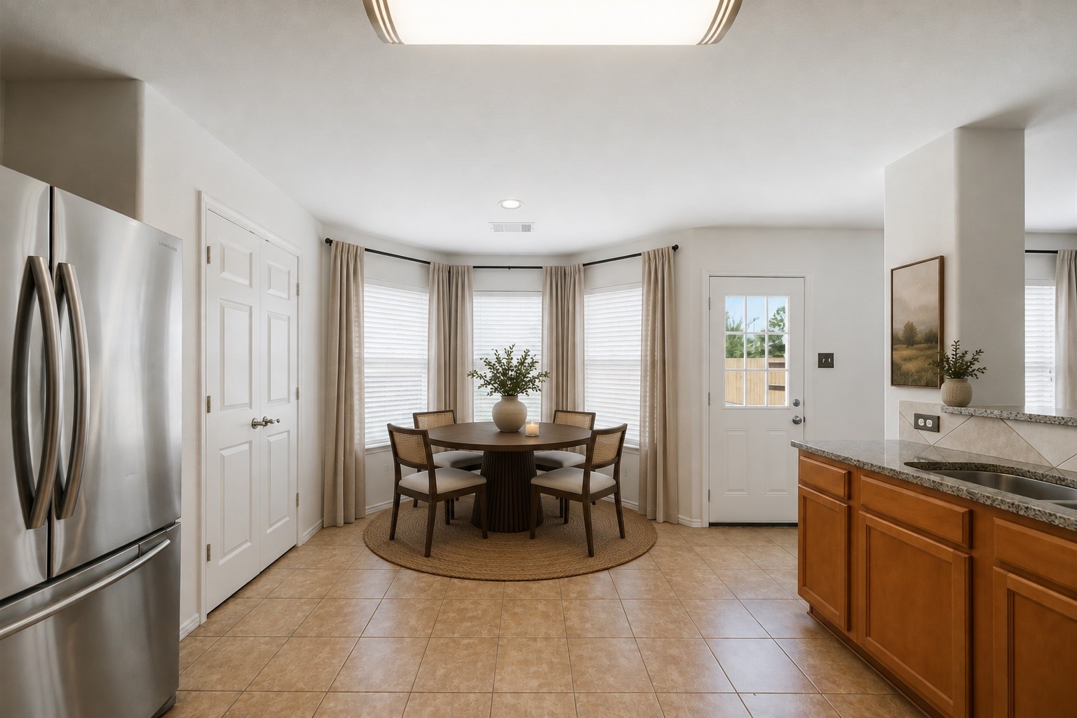 Bay windows surround this sunlit breakfast nook, creating an inviting space for casual meals with direct backyard access. Convenient proximity to the kitchen and pantry ensures effortless daily dining and storage. This photo has been virtually staged.