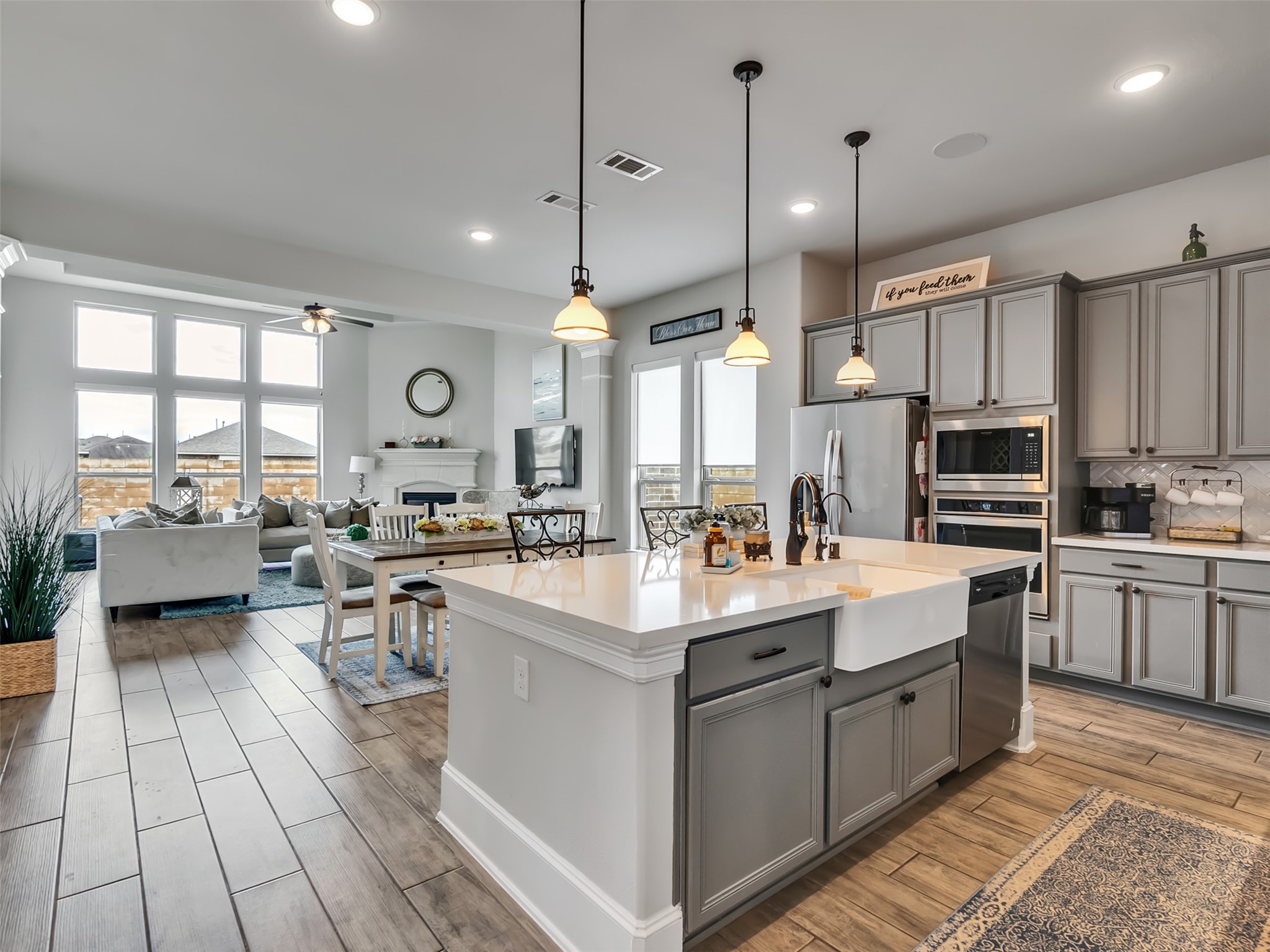View into Dining area and Family room from kitchen. View into Dining area and Family room from kitchen.