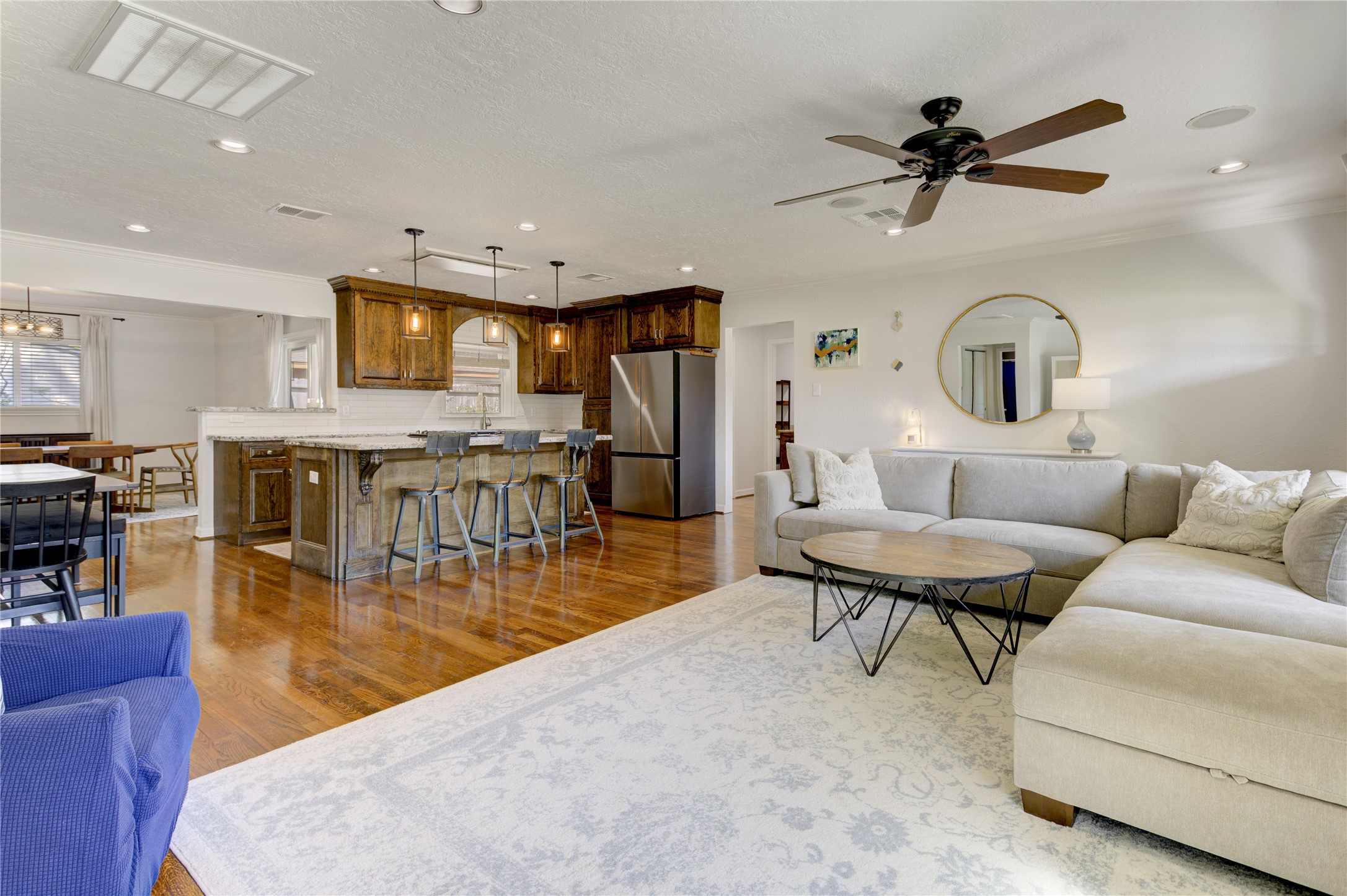 View from the living room facing the island kitchen.