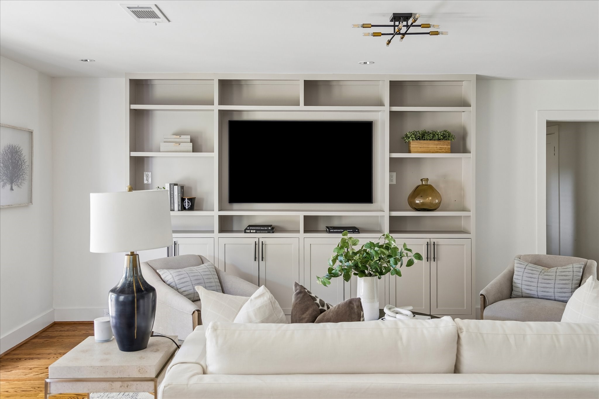 Clean lines and thoughtfully designed millwork lend a tailored, sophisticated finish to the family room.