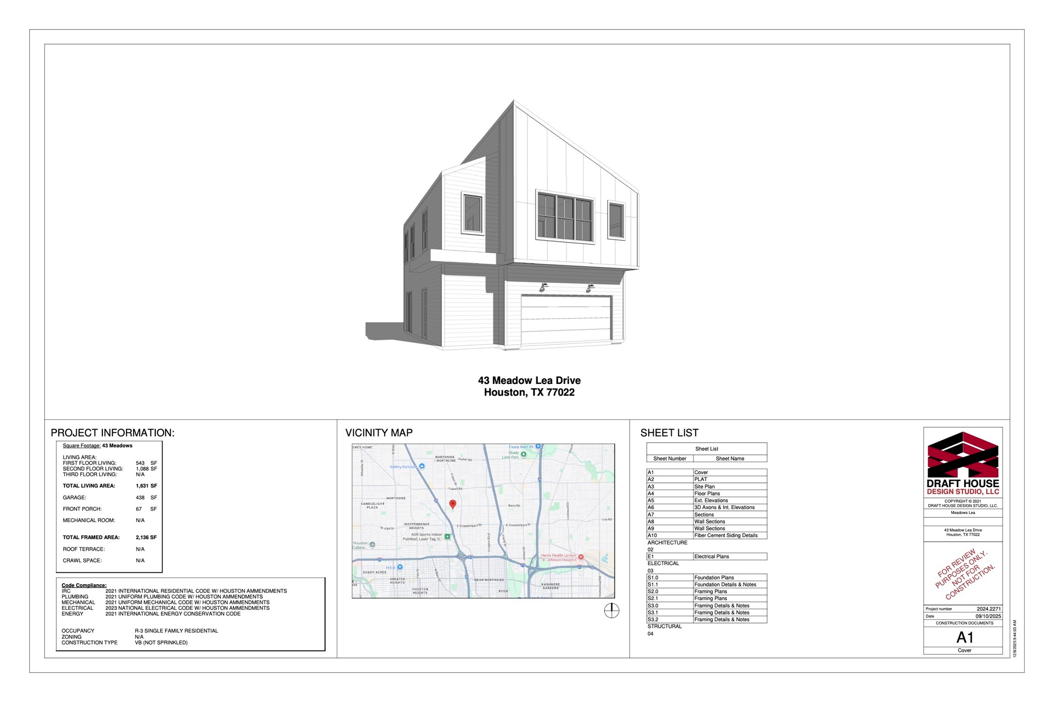 Architectural plans prepared by Ben Navo of Drafthouse, with permits approved by the City of Houston.