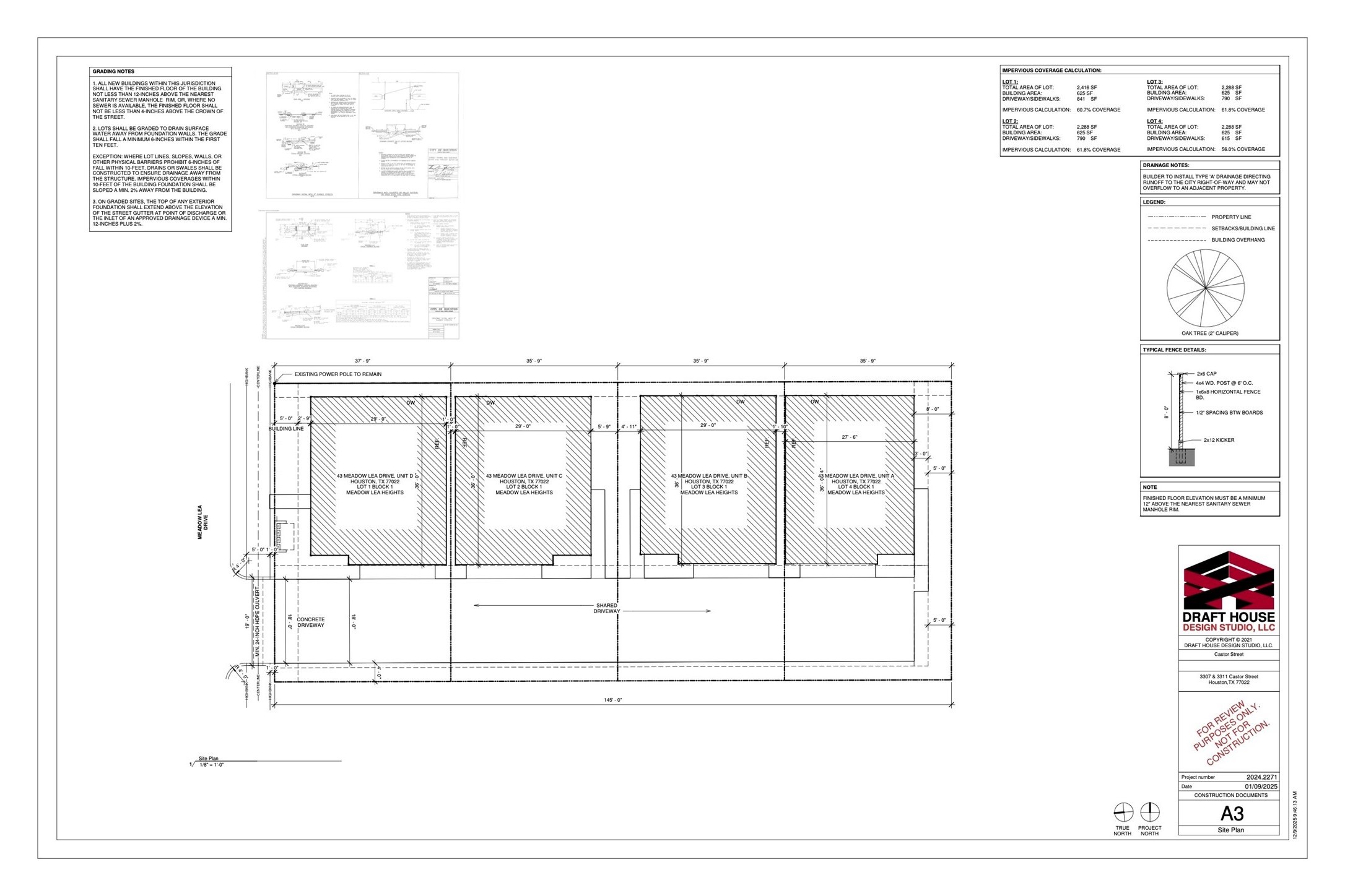 Proposed layout illustrating four residential homes thoughtfully positioned with a shared driveway for access.