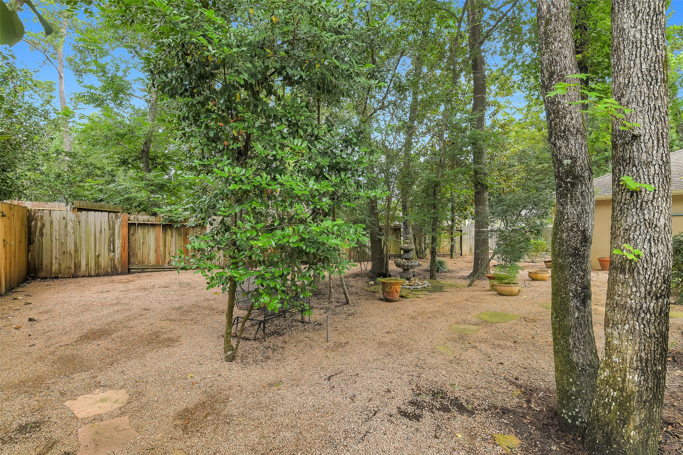 Tranquil backyard oasis featuring a blend of mature trees and gravel pathways, perfect for peaceful outdoor relaxation and gardening.