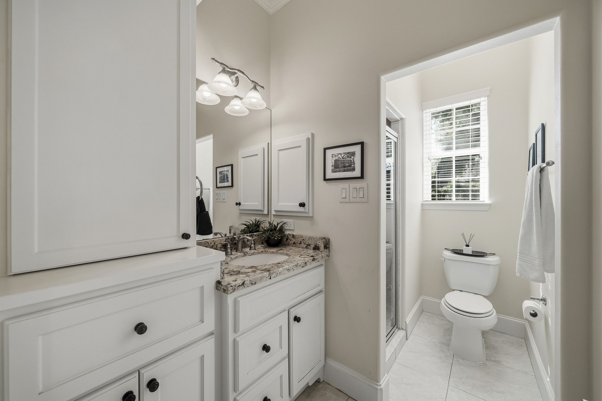Conveniently shared by both Secondary Bedrooms, this spacious Secondary Bath combines timeless finishes with everyday practicality. An elegant granite-topped vanity with an undermount sink and medicine cabinet offers both beauty and function, while the walk-in shower provides a comfortable and refreshing retreat. Generous, closed storage ensures towels, toiletries, and daily necessities remain neatly tucked away.