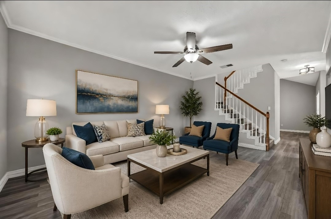 Bright, open living room with soaring ceilings  Virtually staged