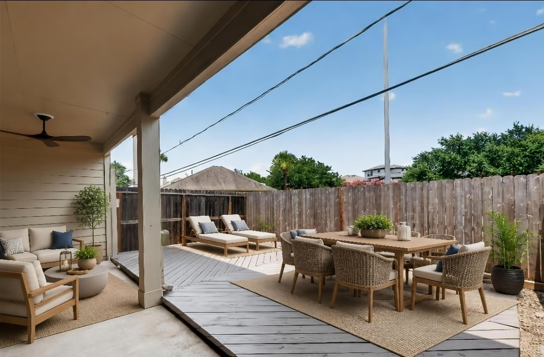 Covered patio, perfect for outdoor dining  Virtually staged