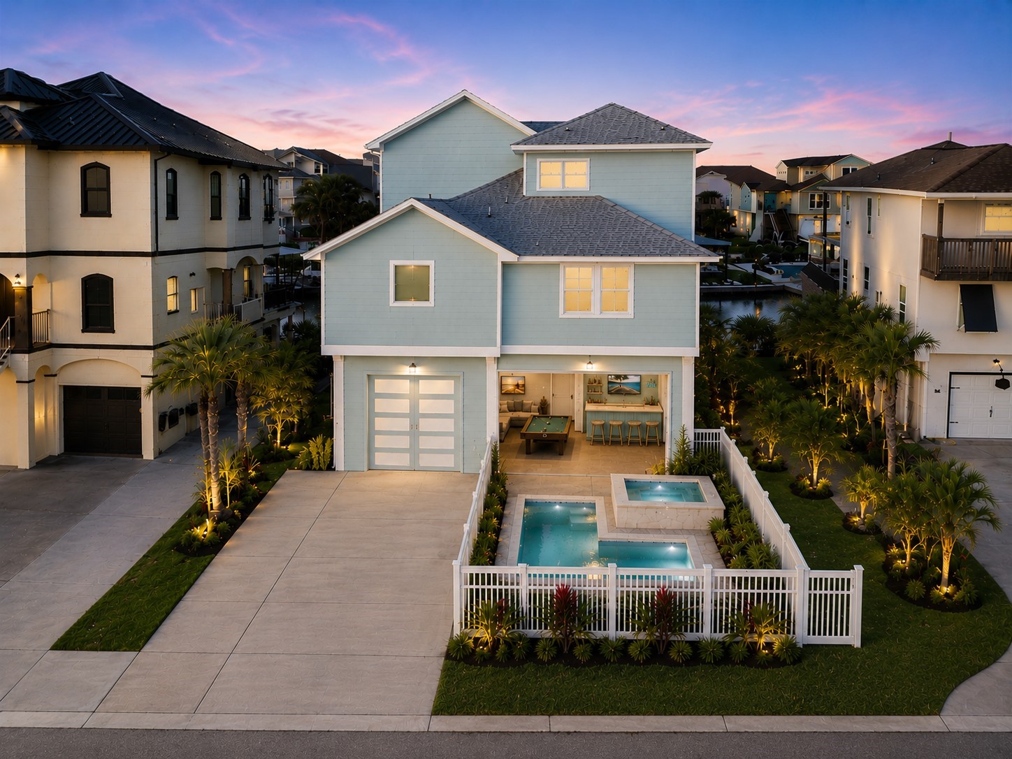 Imagine the possibilities for waterfront living, with an inviting pool and patio creating a private place to cool off, relax, and entertain beside the canal. This image is virtually staged.