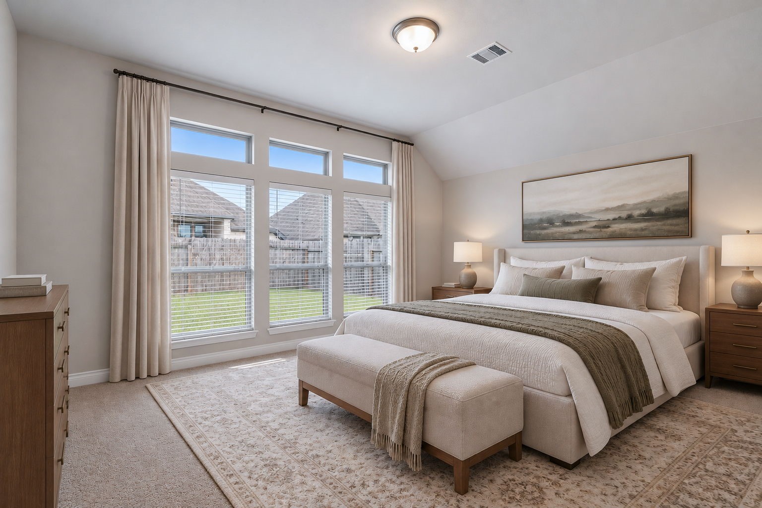 Tucked away at the back of the home, the owner's suite offers a peaceful retreat with a double-door entry to the en-suite bath. Digitally staged.