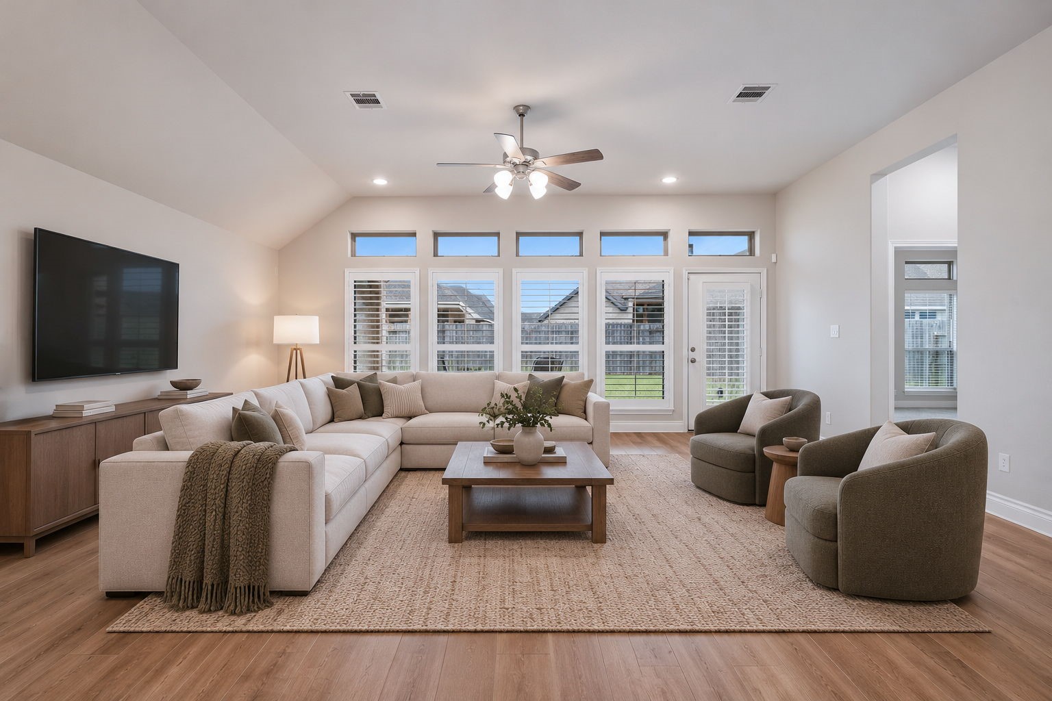 Beautiful wood plank tile flooring, neutral finishes, and high ceilings create a light, airy atmosphere that complements any dcor. Digitally staged. Beautiful wood plank tile flooring, neutral finishes, and high ceilings create a light, airy atmosphere that complements any dcor. Digitally staged.