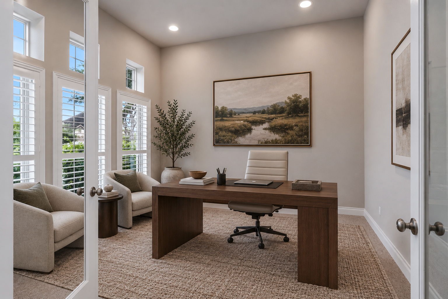 A private library with French doors and a 12-foot ceiling welcomes you at the entry. Digitally staged.