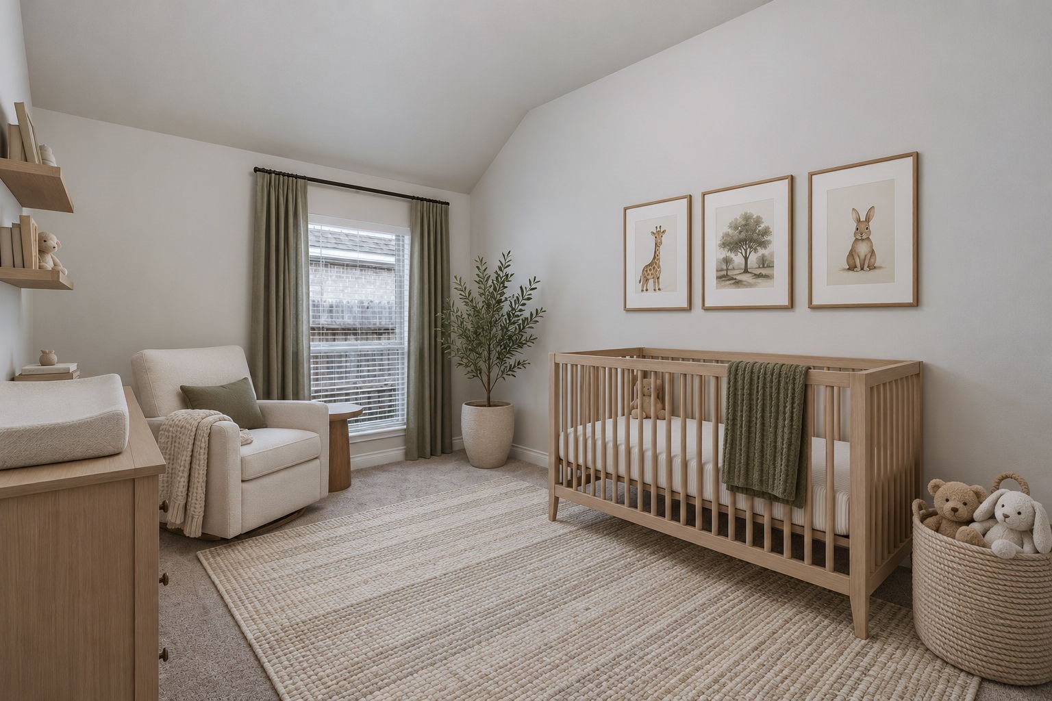 A guest suite with its own bath offers a welcoming and private space for visitors. Digitally staged.