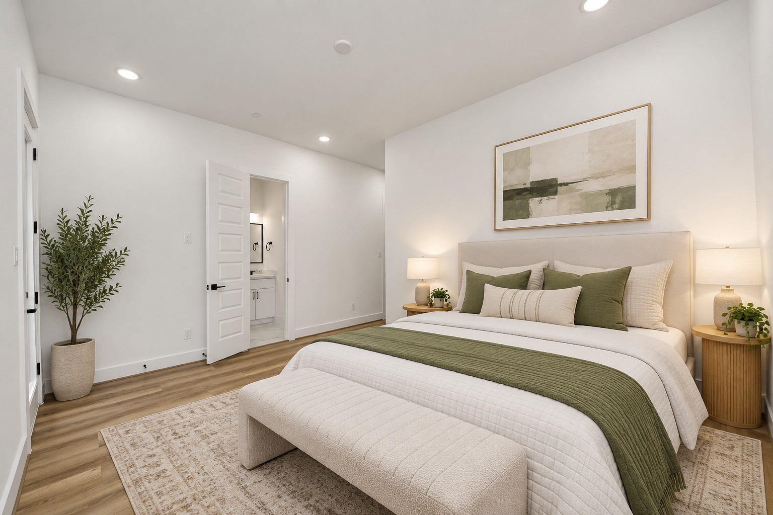 Virtually staged first-floor primary bedroom with en-suite bath.