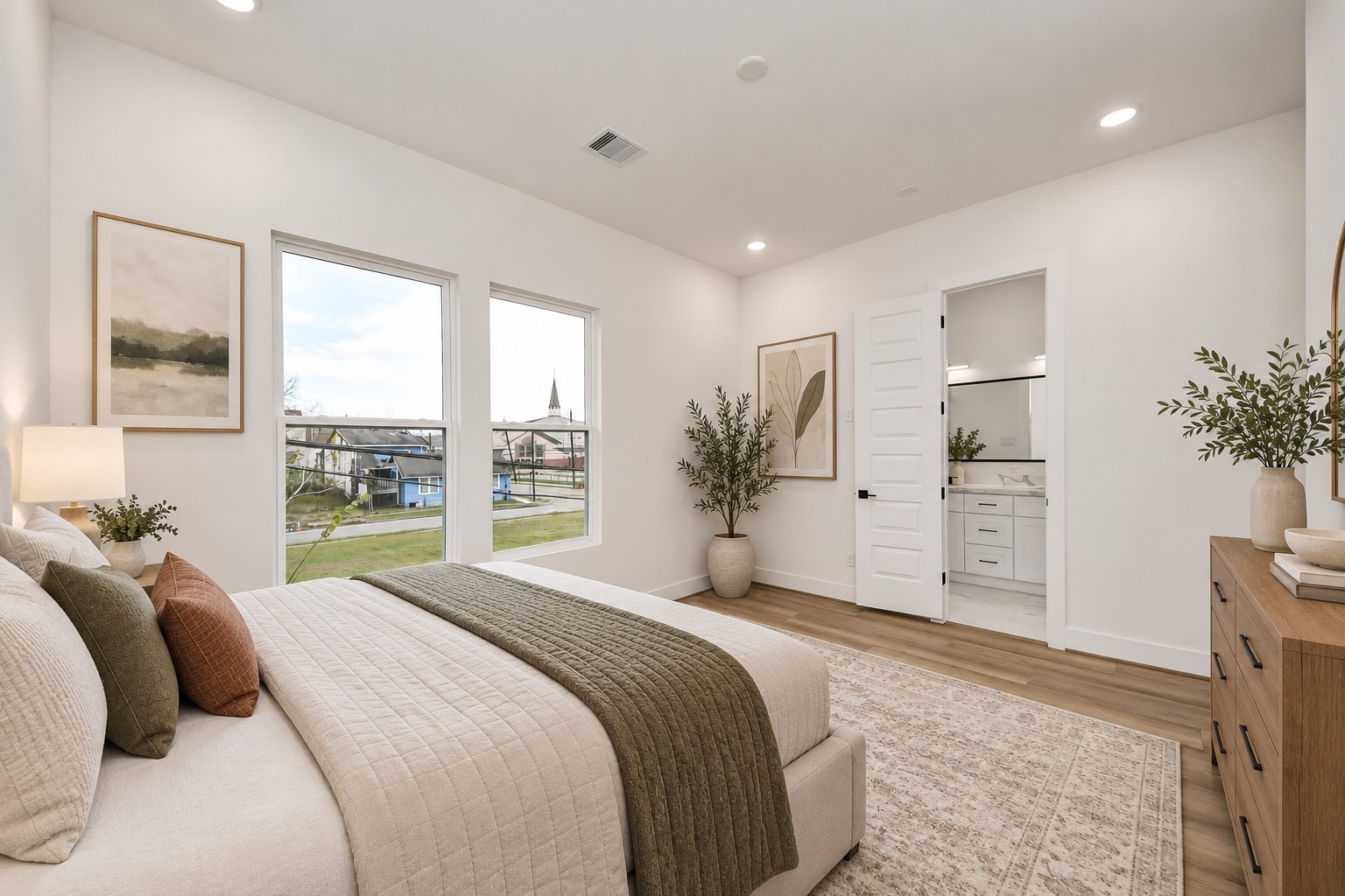 Virtually staged second-floor primary bedroom with en-suite bath.