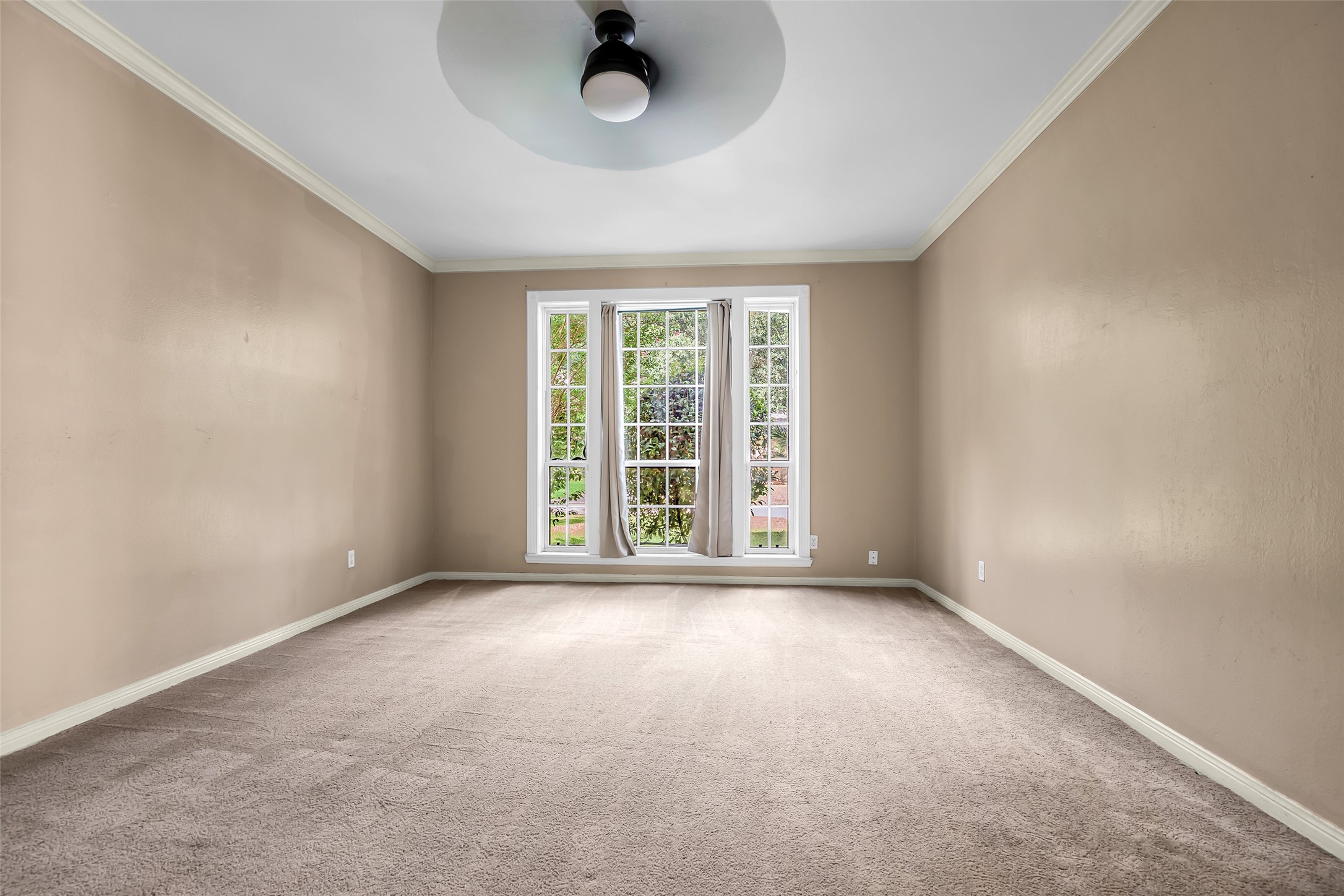 Main bedroom faces the front lawn and features a carpeted floor. A large window fills the room with natural light, creating a bright and comfortable retreat.