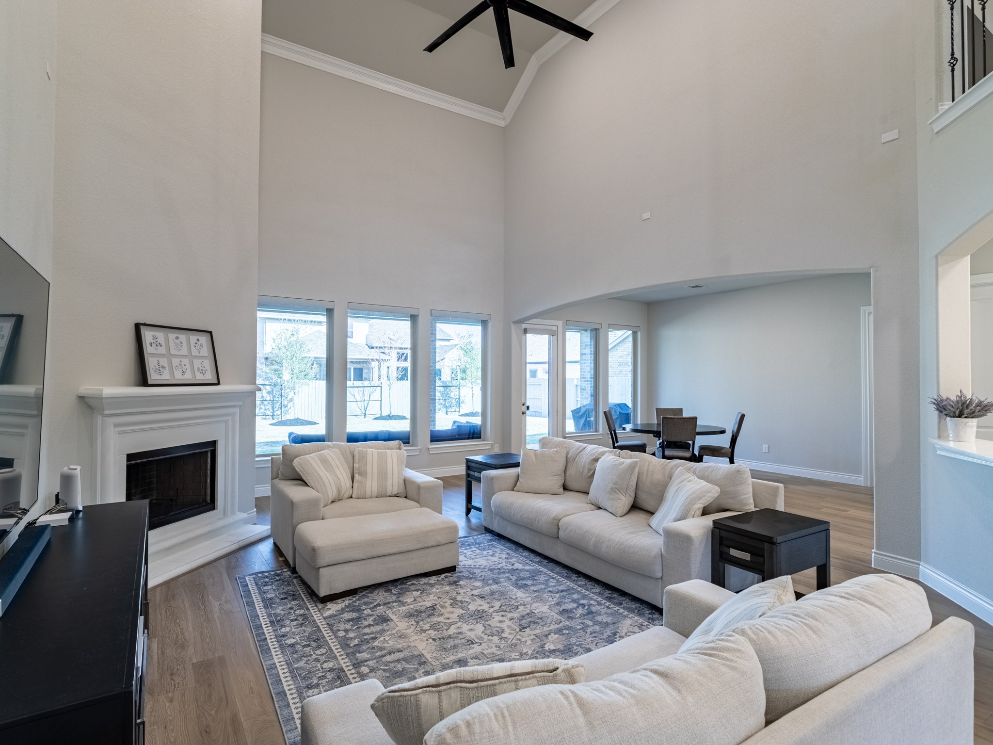 Open living room with 21 ft ceilings