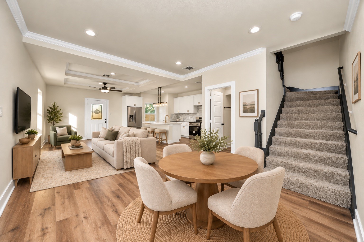 Open-concept first floor featuring 9-ft ceilings, durable LVP flooring, crown molding, oversized baseboards & a spacious dining area with easy access to the kitchen | Virtually staged