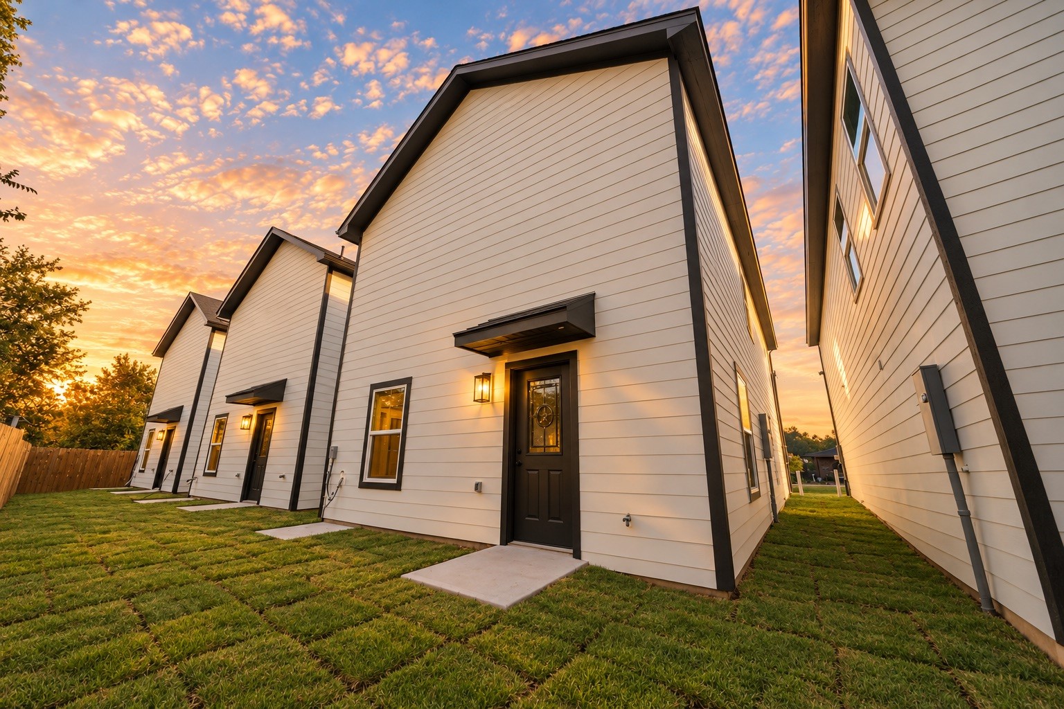 Rear exterior view showcasing the home's modern design, fully fenced backyard, private outdoor space & convenient access from the main living area.