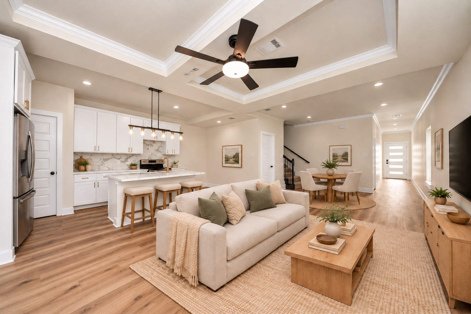 Another view of the spacious living area highlighting the beautiful flooring, crown molding, tray ceilings & seamless connection between the kitchen, dining & living spaces | Virtually staged