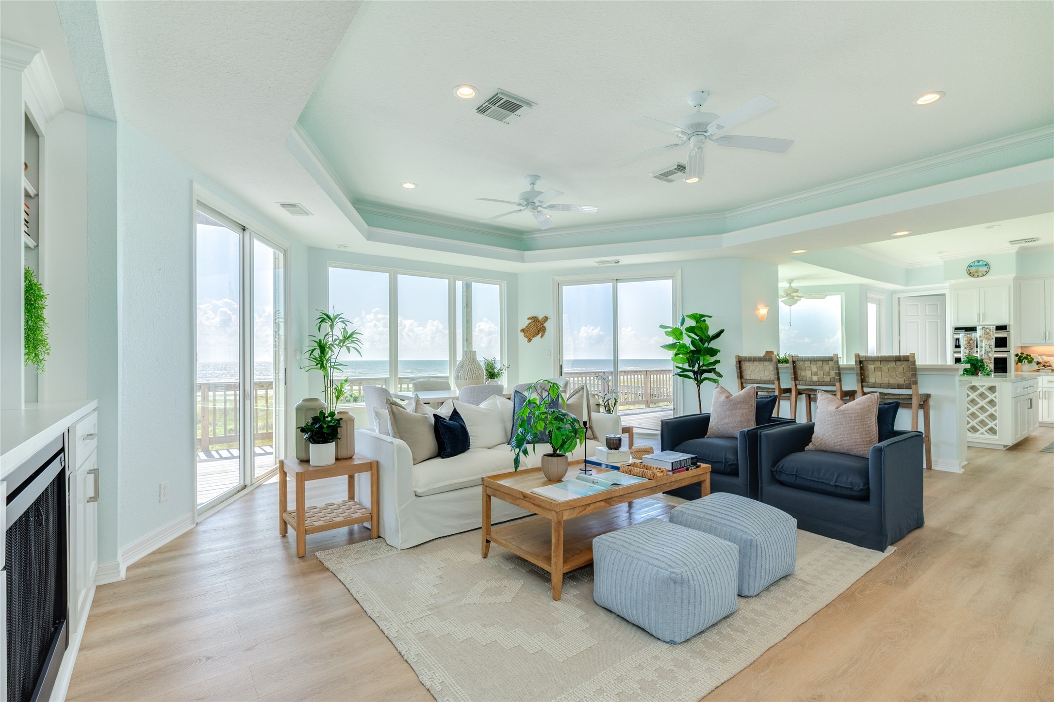 Stylish tray ceiling has accent lighting