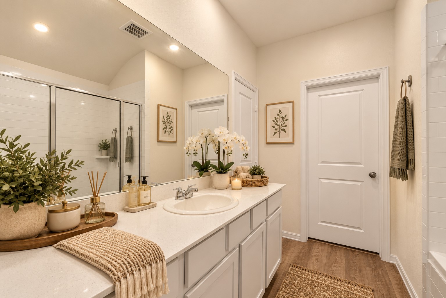 Virtually staged primary bath.