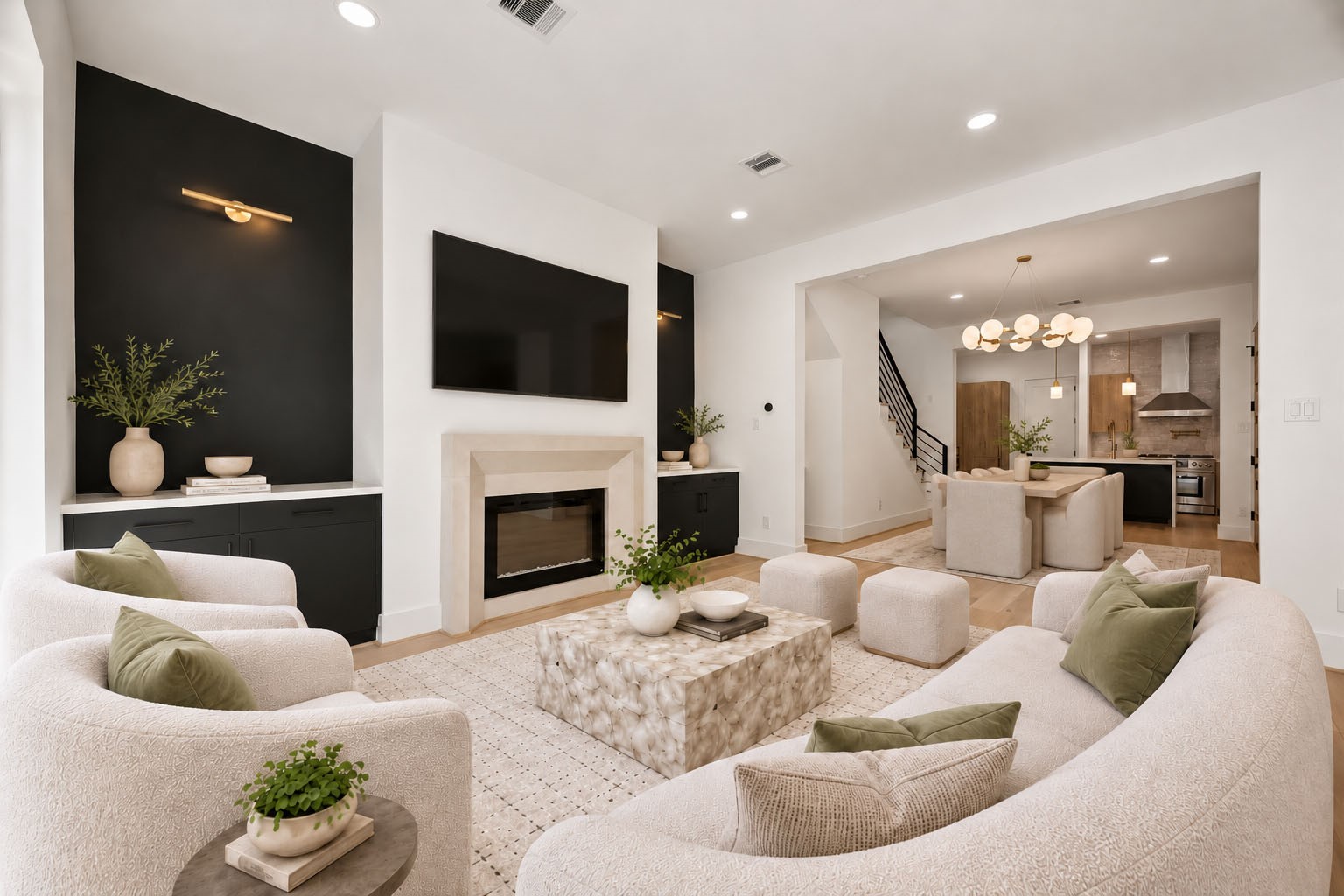 Another view of the spacious living room with sliding glass doors overlooking the backyard. (virtual staging)