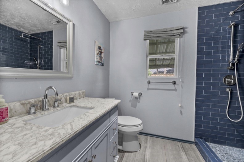 Additional main-house bathroom with a vanity, window, and blue-tiled shower.