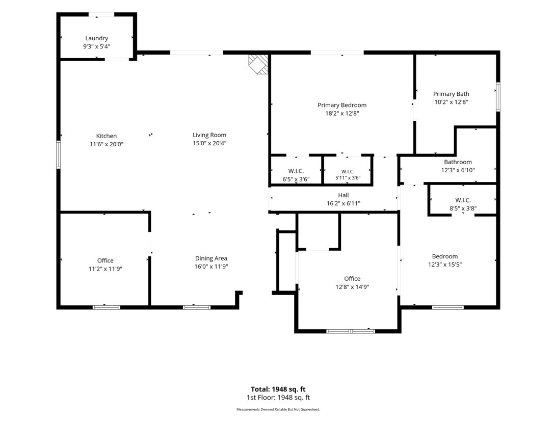 Main-house floor plan showing the living and dining areas, kitchen, bedrooms, flexible office spaces, bathrooms, and laundry room. Dimensions are approximate.