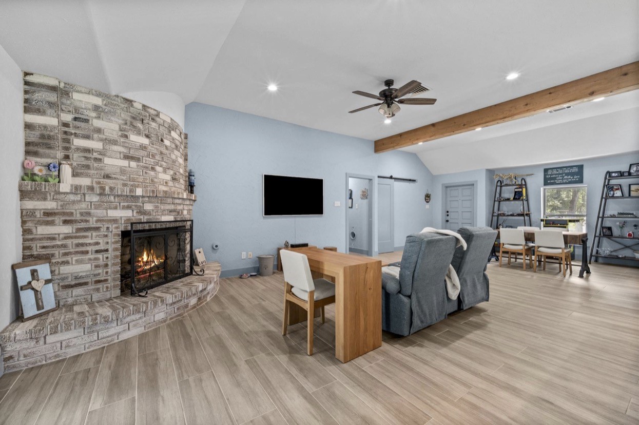 The fireplace provides a focal point for the main living area.