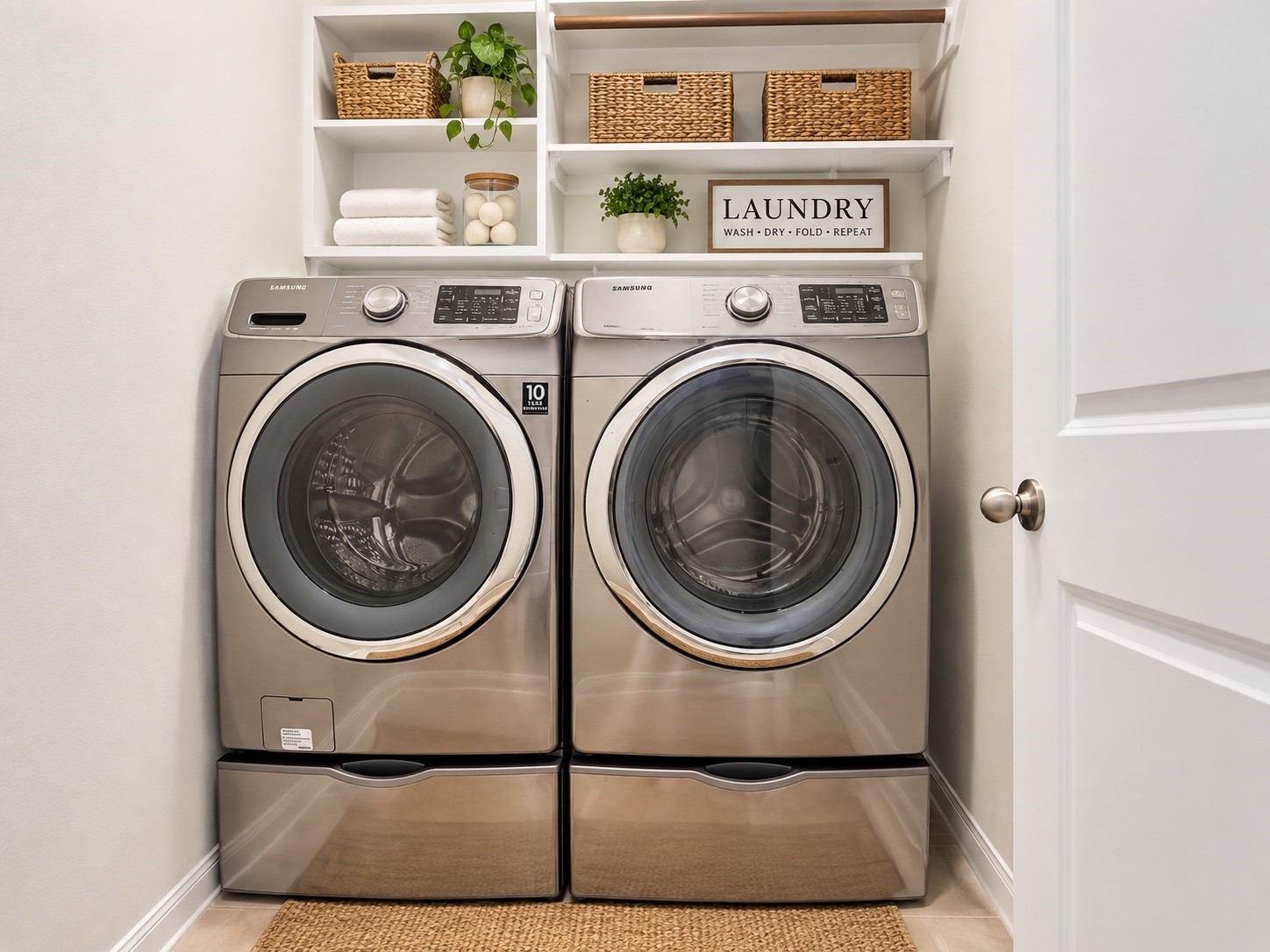 Convenient first-floor laundry room with a well organized layout, built in shelving and hanging rack. Compact yet perfectly suited for the washer/dryer.
