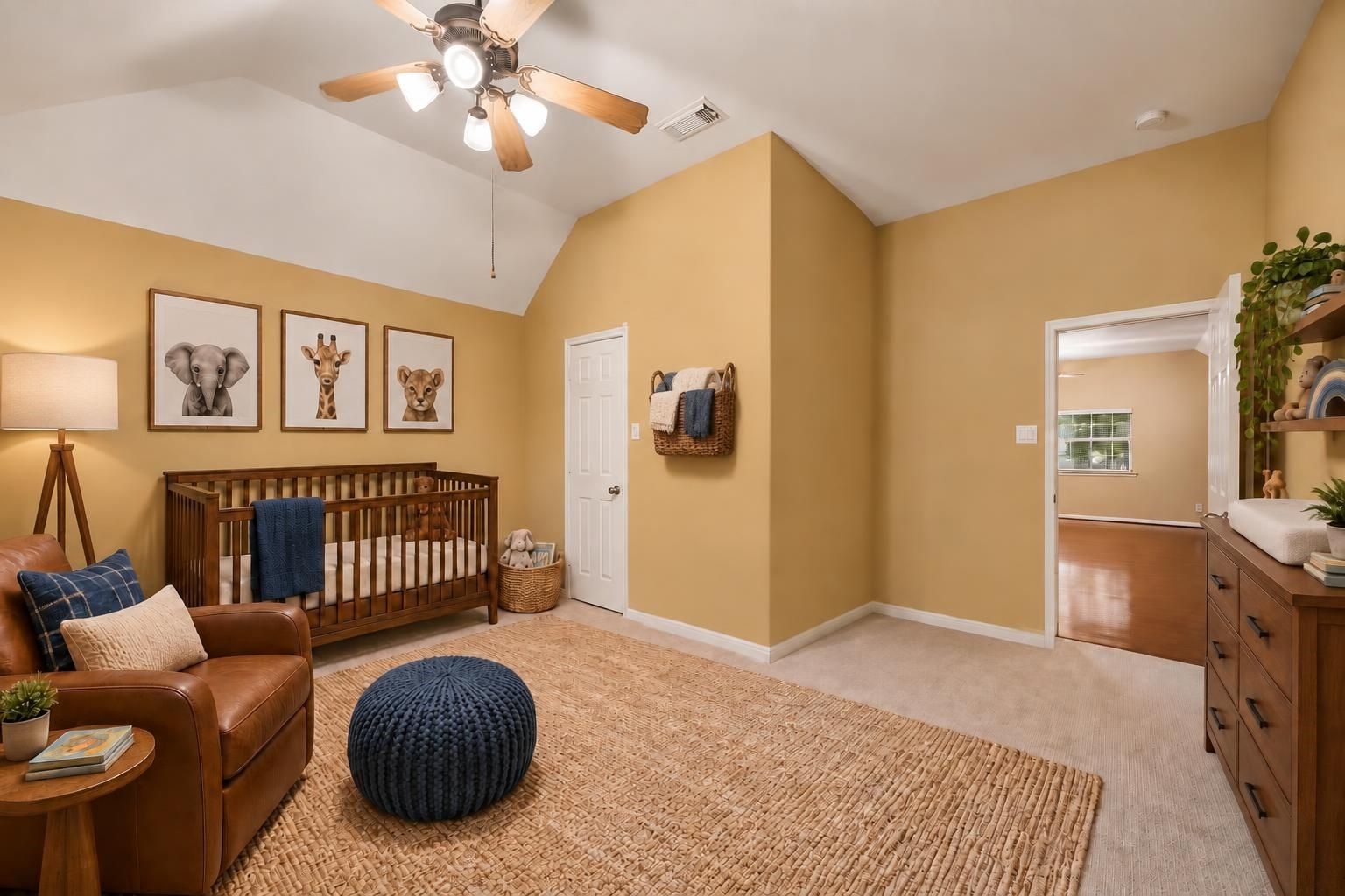 Oversized secondary bedroom on 2nd floor, freshly updated with paint and new carpet. Virtually staged here as a nursery.