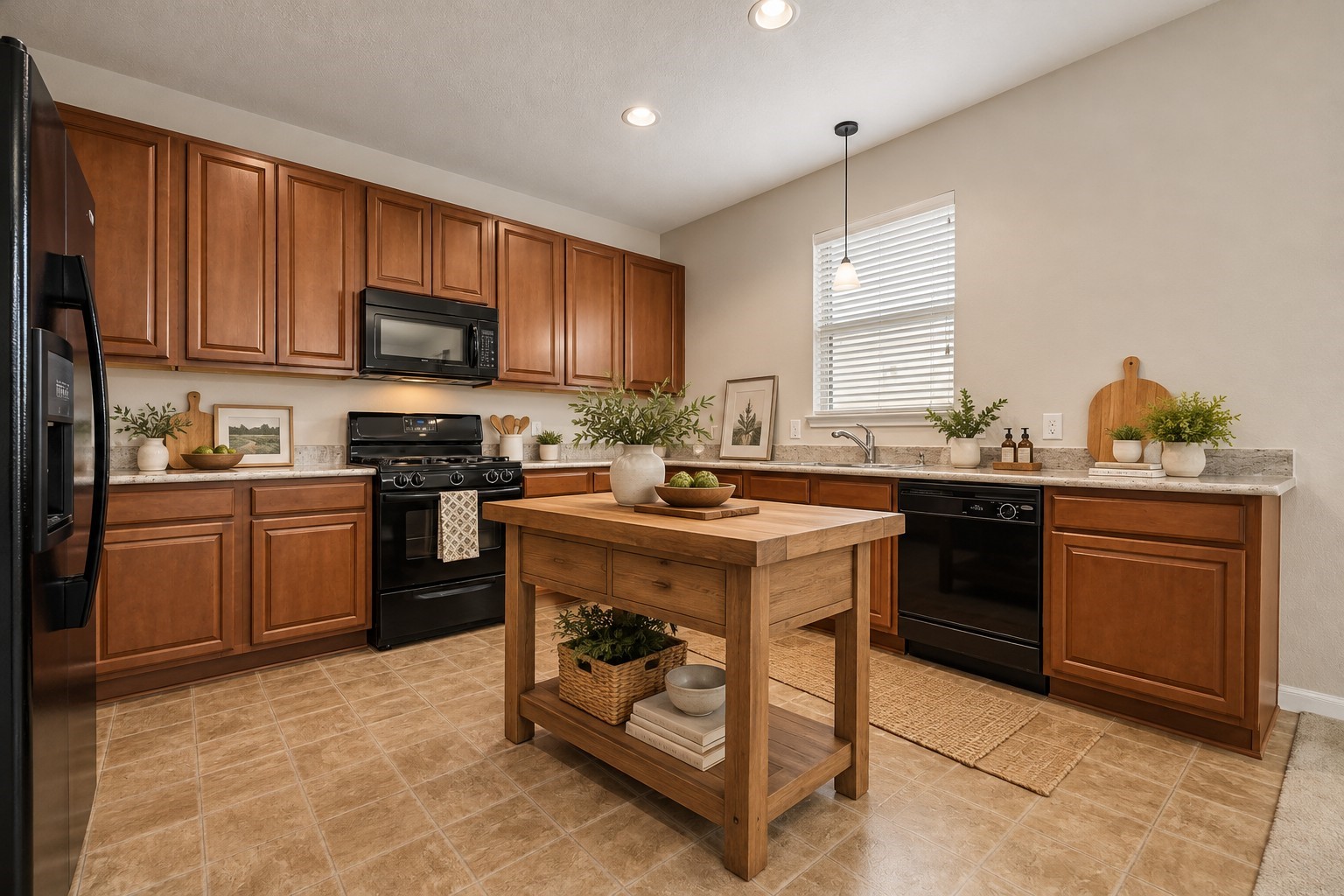 Virtually staged to illustrate how a freestanding island could enhance the kitchen's functionality. Island not included.