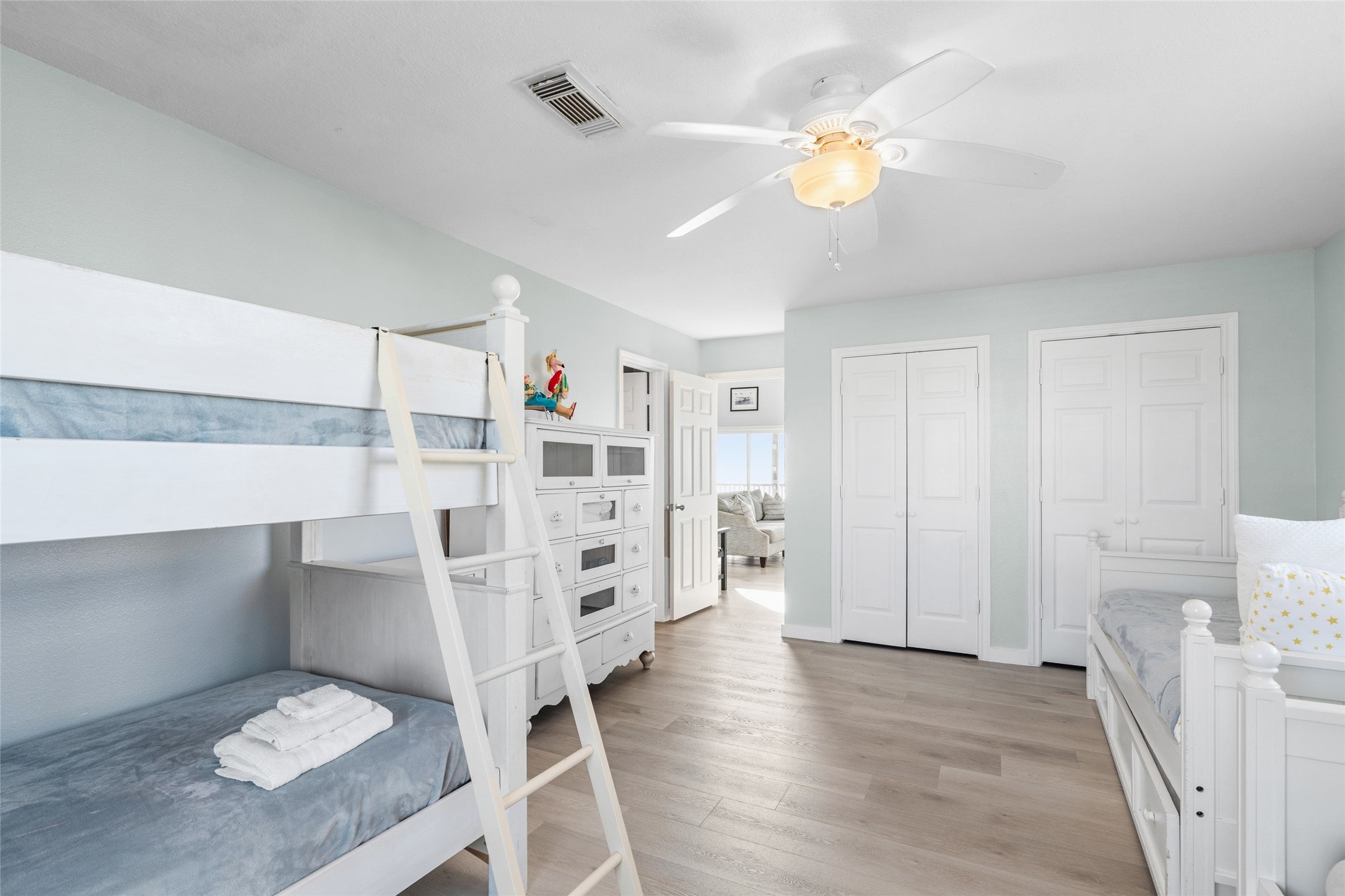 Primary bedroom offers spacious closet space.