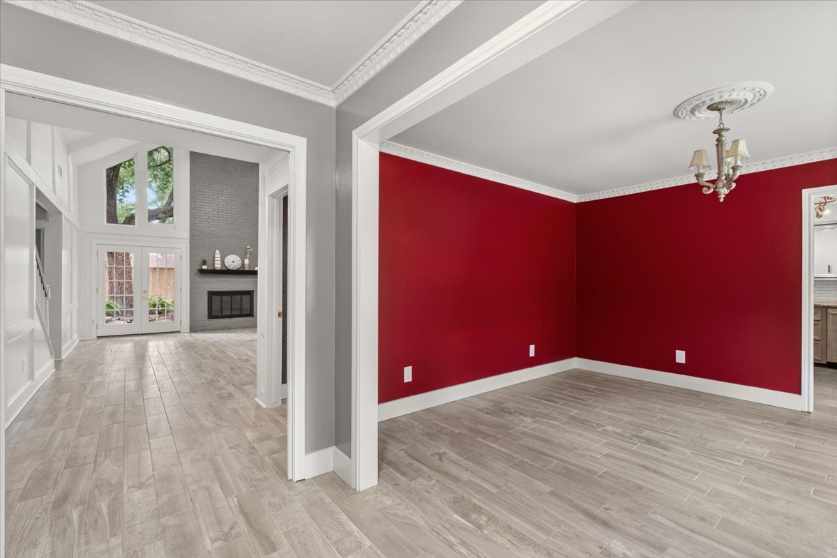 View from the front entry to the dining room, kitchen and living area.