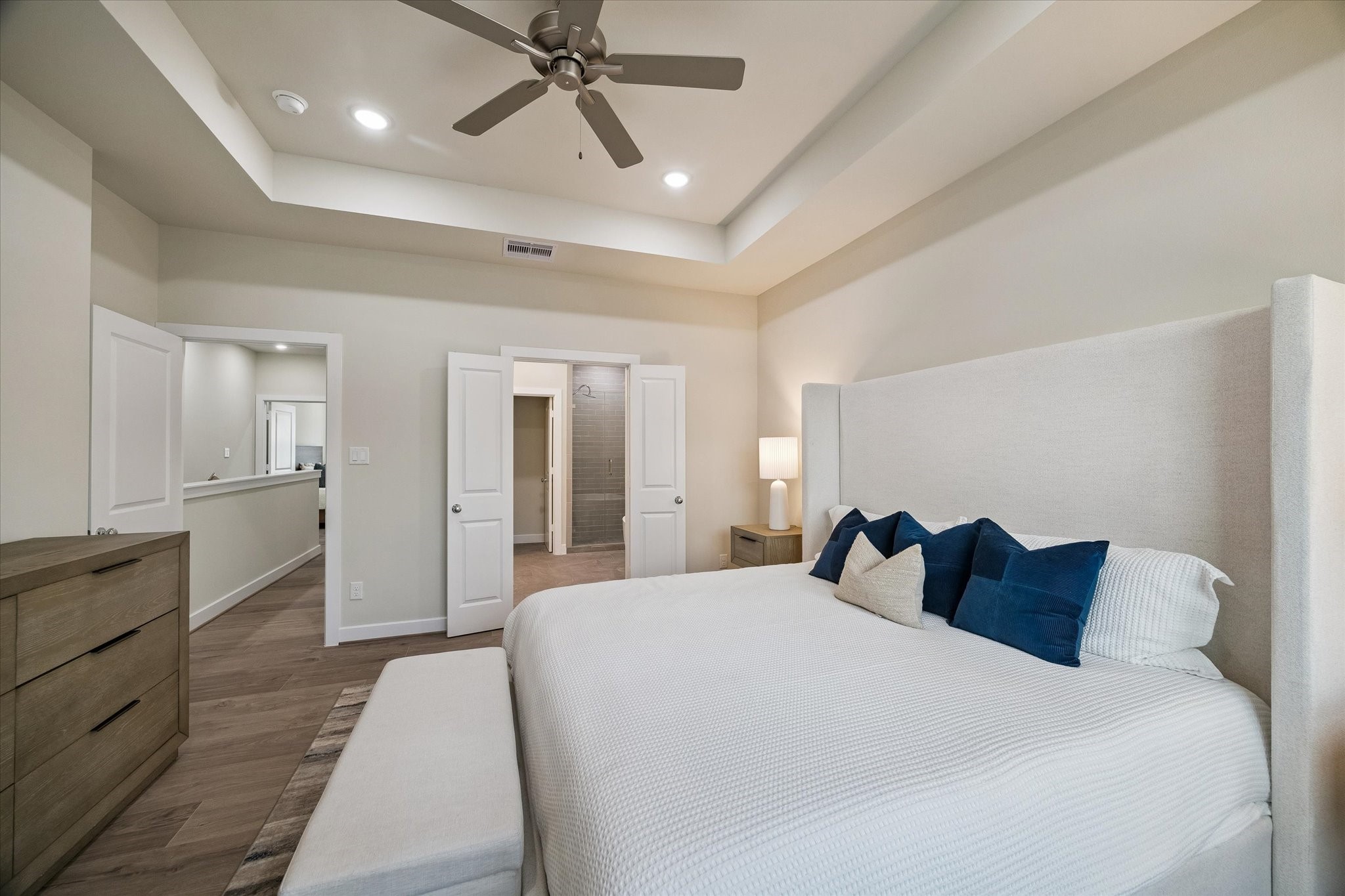 Representative photo showing the communitys model home primary bedroom. Layout and selections may vary.