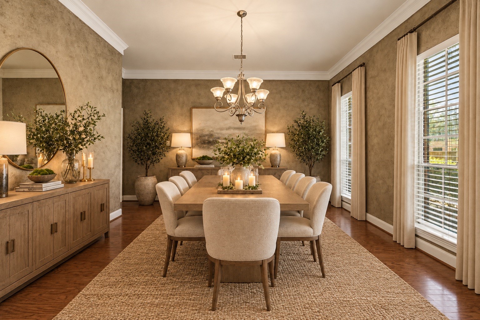 Experience elegant dining in this beautiful formal dining room off the foyer. This photo is virtually staged.