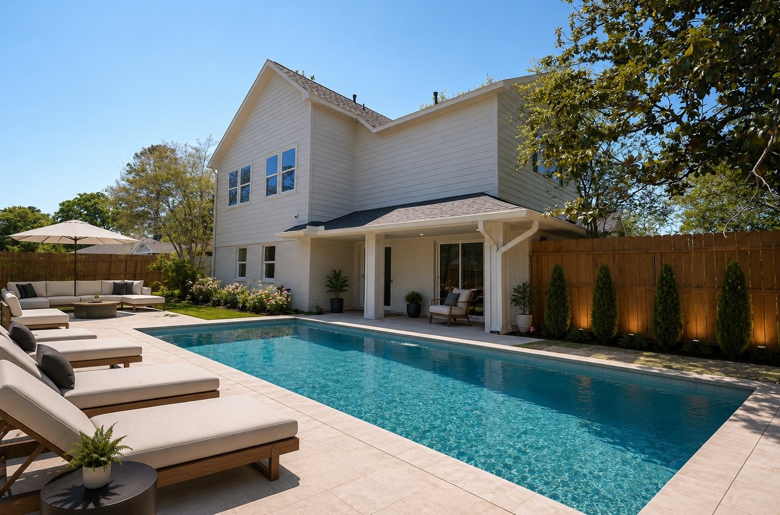 Virtually staged rendering showcasing the backyards potential with a modern rectangular pool, luxury lounge seating, and resort-style outdoor living design.