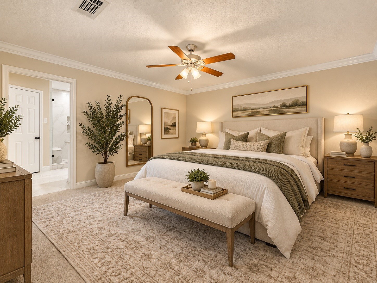 The primary is large with new carpet and a large primary bath.  Digitally staged