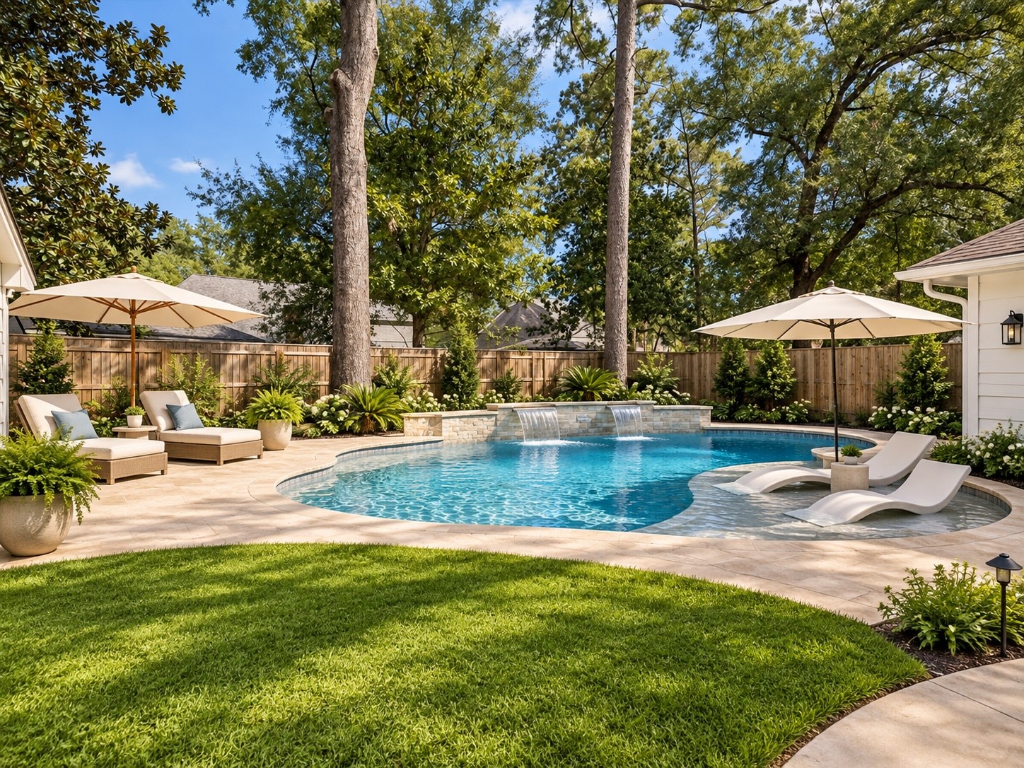 The backyard is large enough for any size pool.  Digitally staged.