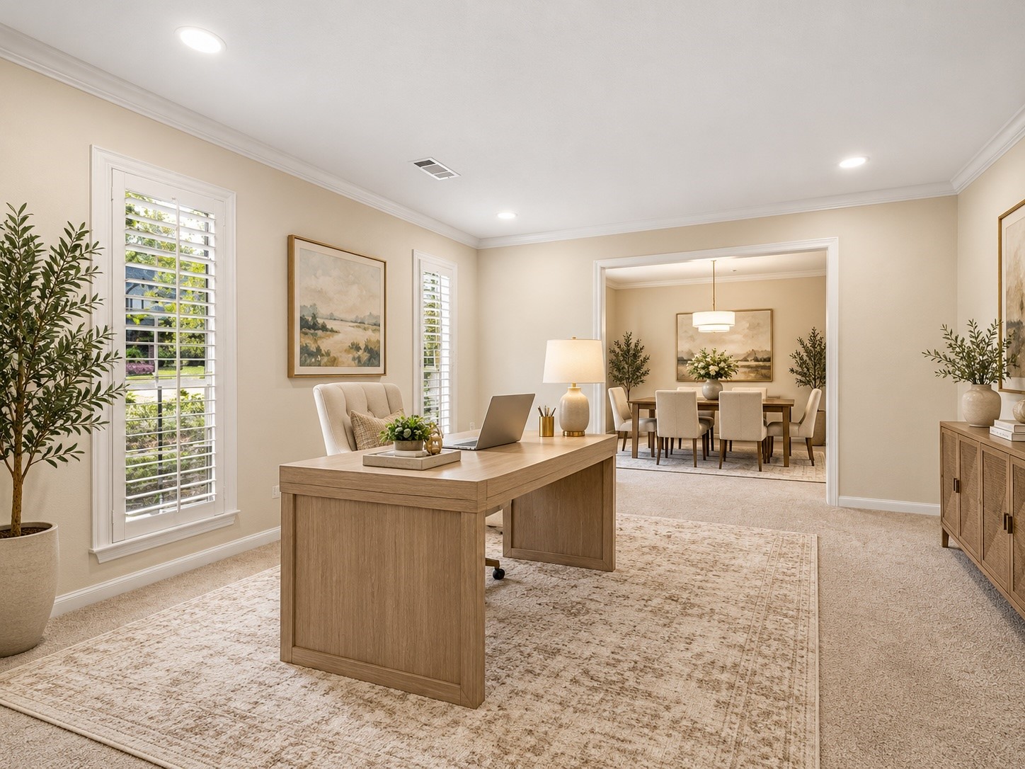 Digitally staged.  Here you can see the front flex room being used as an office.