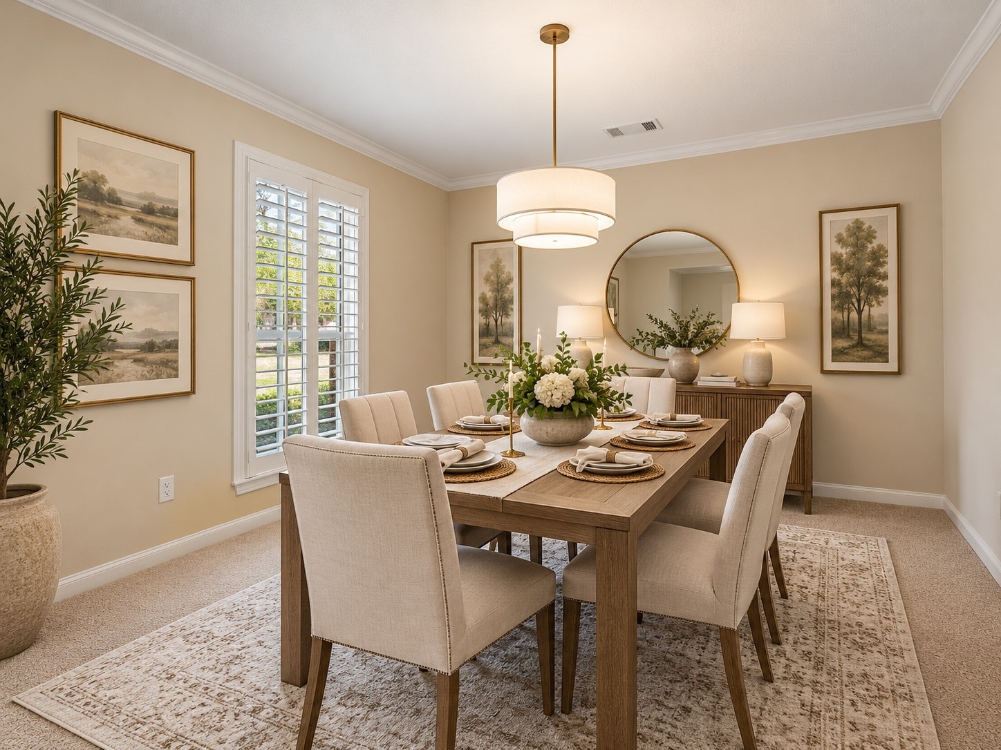 Digitally staged.  The dining room is large with plantation shutters.