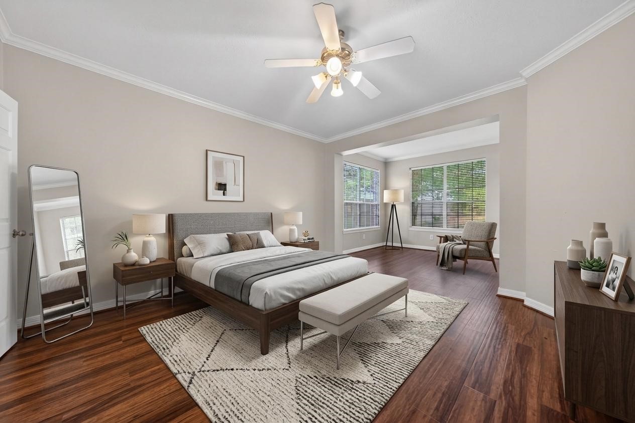 Virtually staged primary bedroom