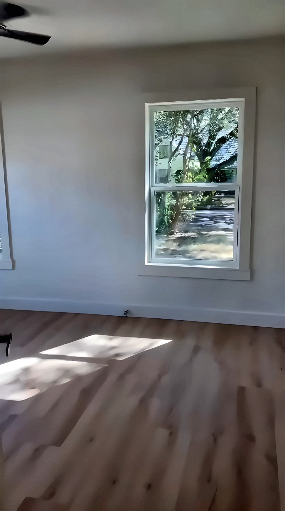 Room with large window and wood-look flooring