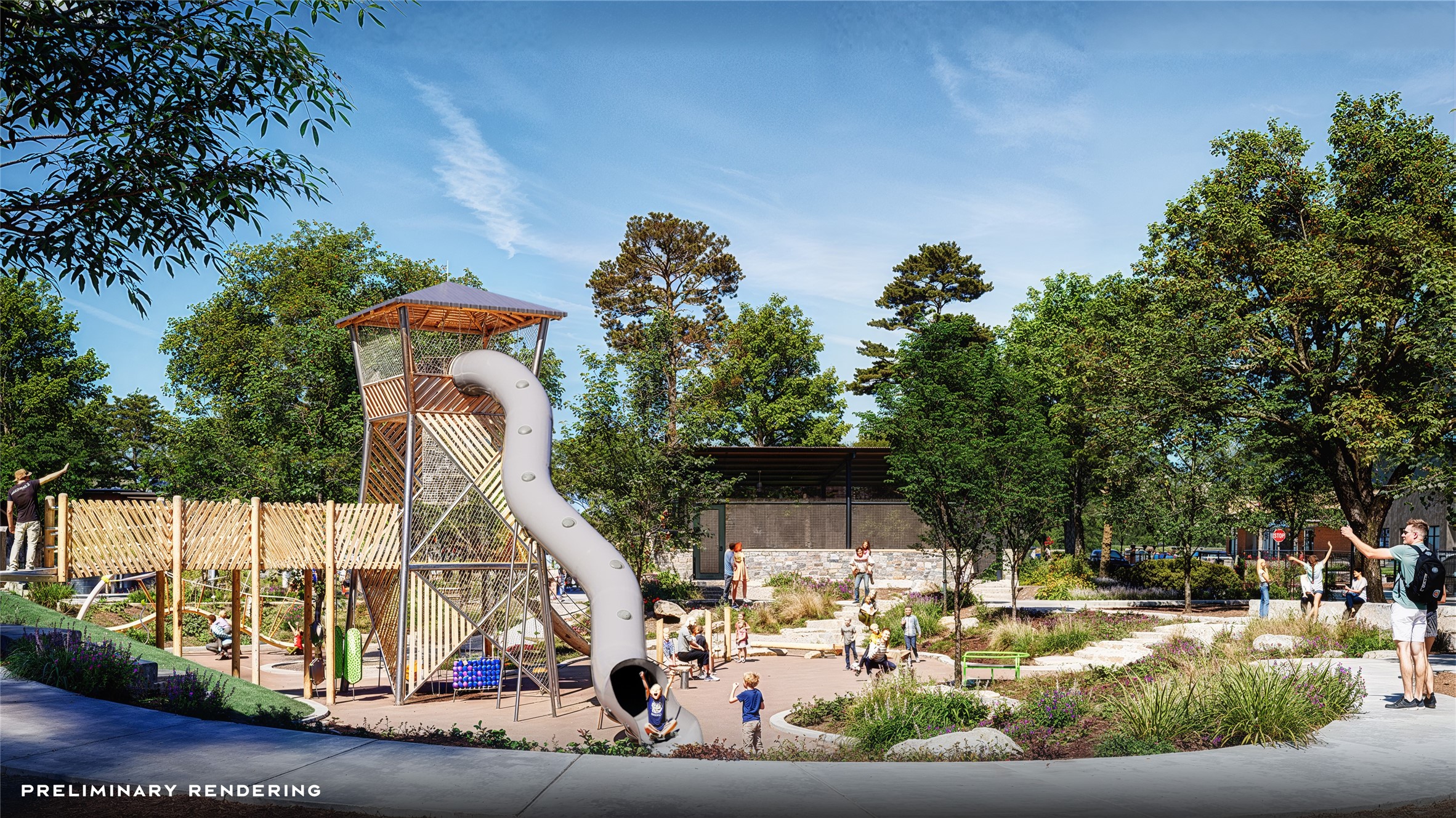 The Lookout is a towering play structure for older children inspired by the fire watch towers found in the forests of East Texas, designed to encourage imaginative play.