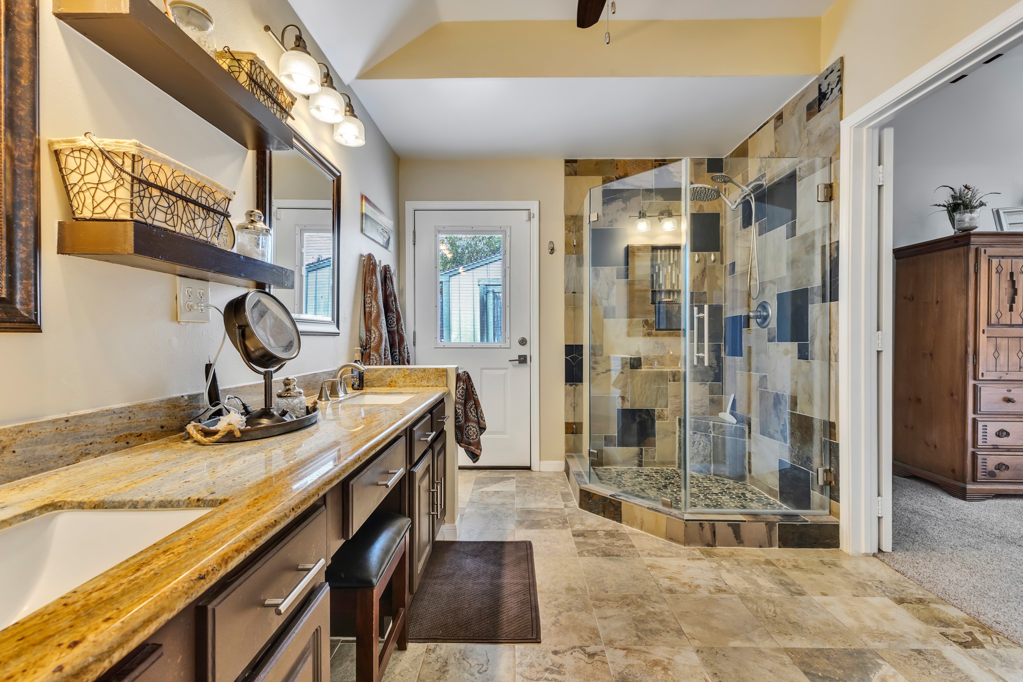 Double vanity and walk in shower.