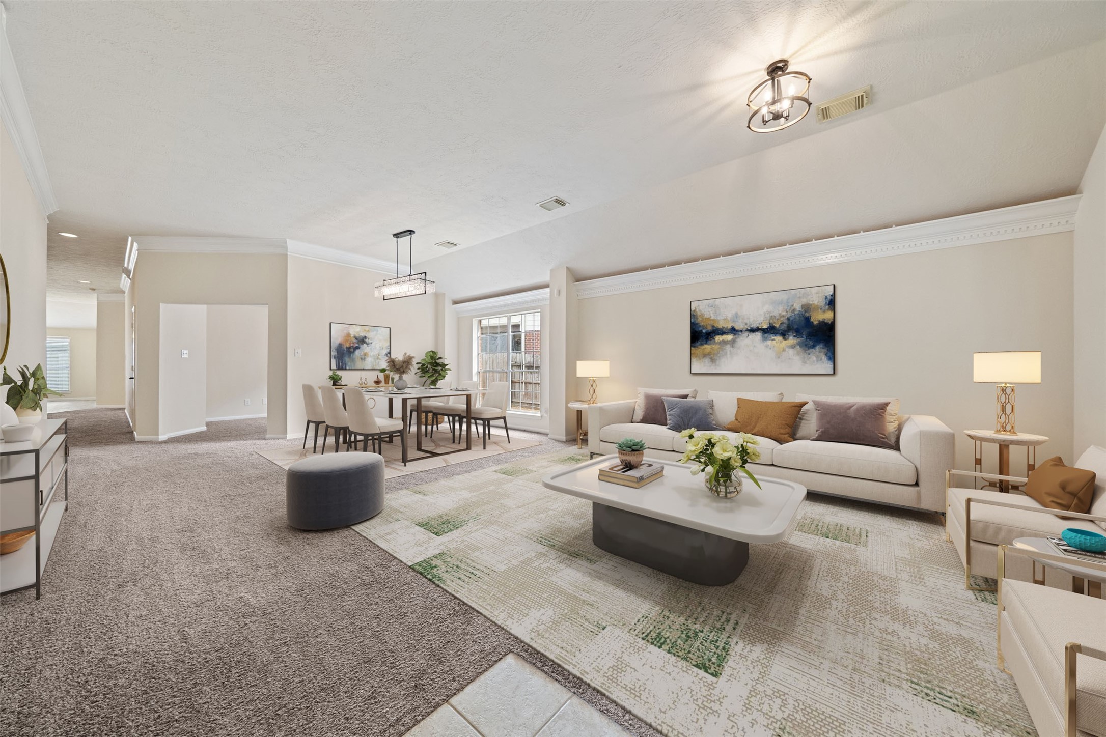 Formal living and dining area combines modern comfort with stylish design, perfect for both relaxation and entertaining. *virtually staged Formal living and dining area combines modern comfort with stylish design, perfect for both relaxation and entertaining. *virtually staged
