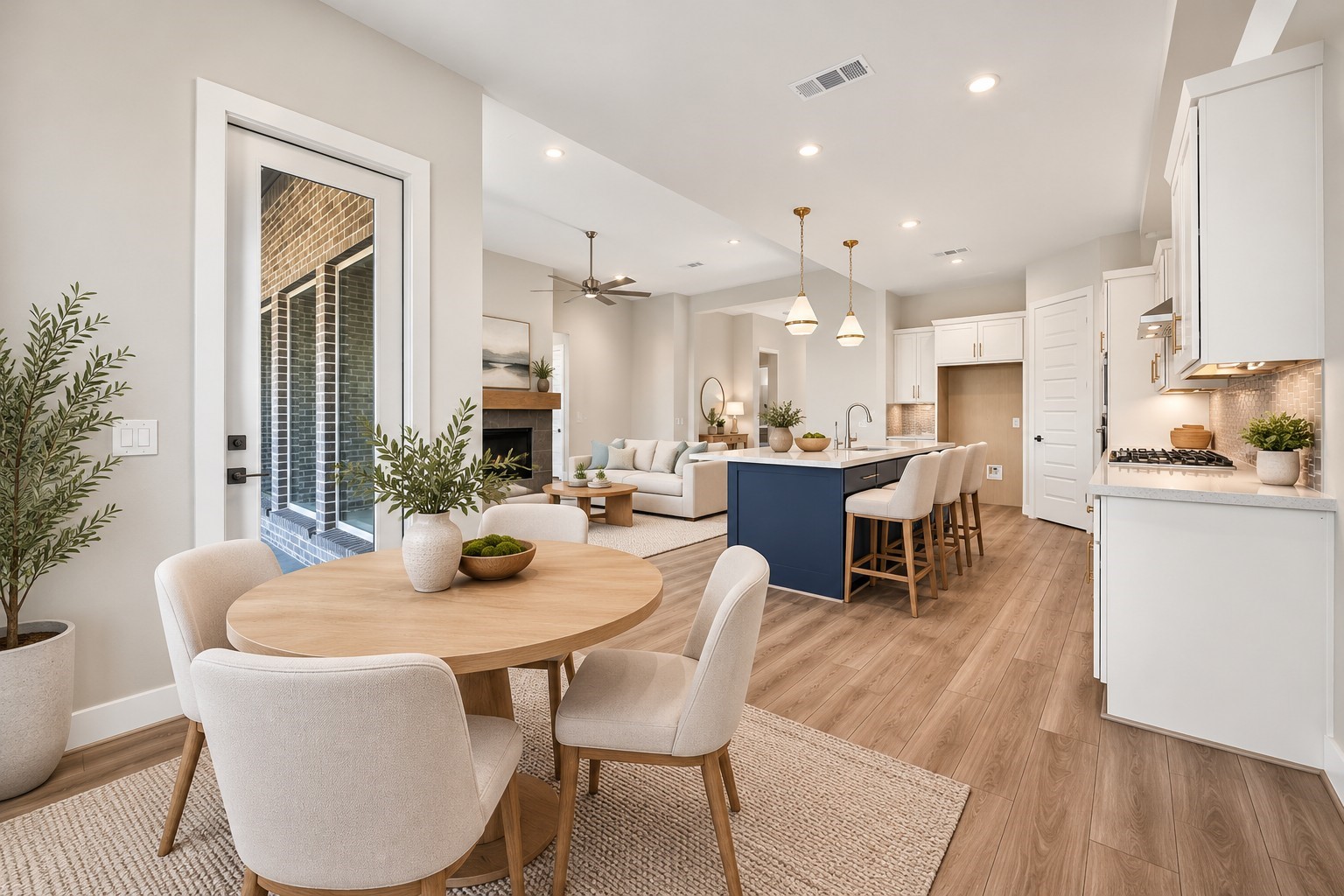 Open-Concept Kitchen, Dining & Living: Beautifully designed open floor plan featuring high ceilings, expansive living spaces, abundant natural light, and a seamless flow between the kitchen, dining area, and living room.