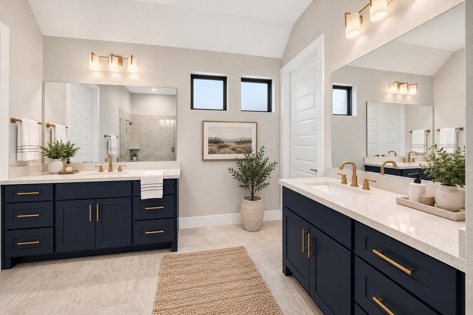 Primary Bathroom: Sophisticated navy vanities with elegant gold hardware, expansive countertops, and modern lighting create a refined, spa-inspired atmosphere.