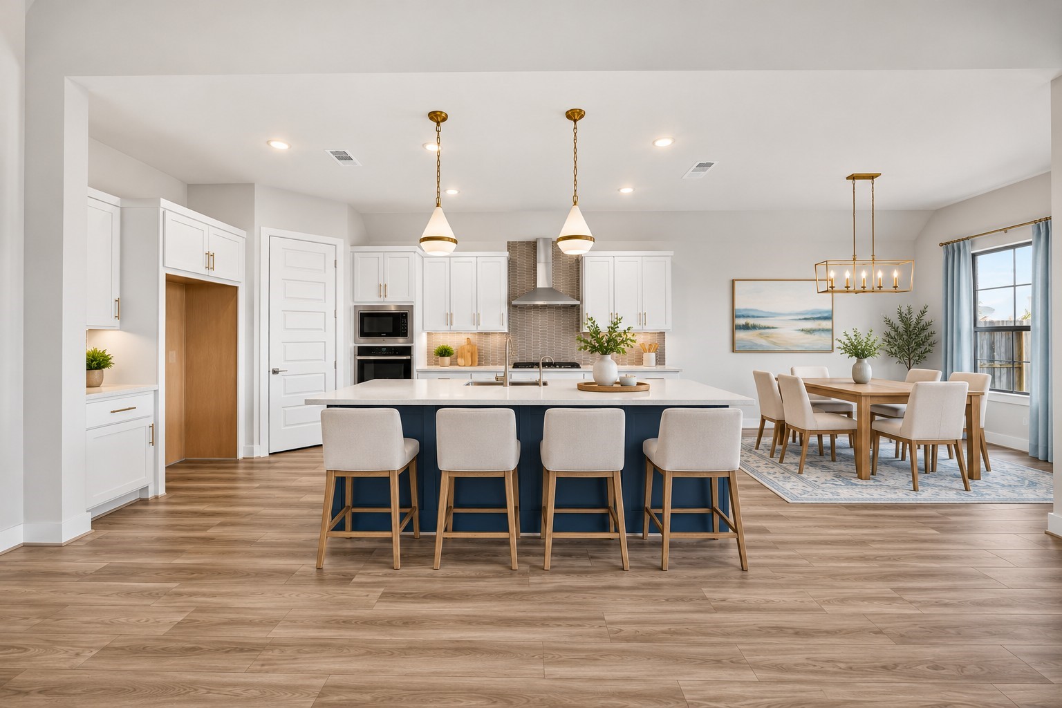 Kitchen & Dining Area: Impressive open-concept kitchen and dining space highlighted by a statement navy island, beautiful pendant lighting, generous counter space, and an inviting dining area with abundant natural light.